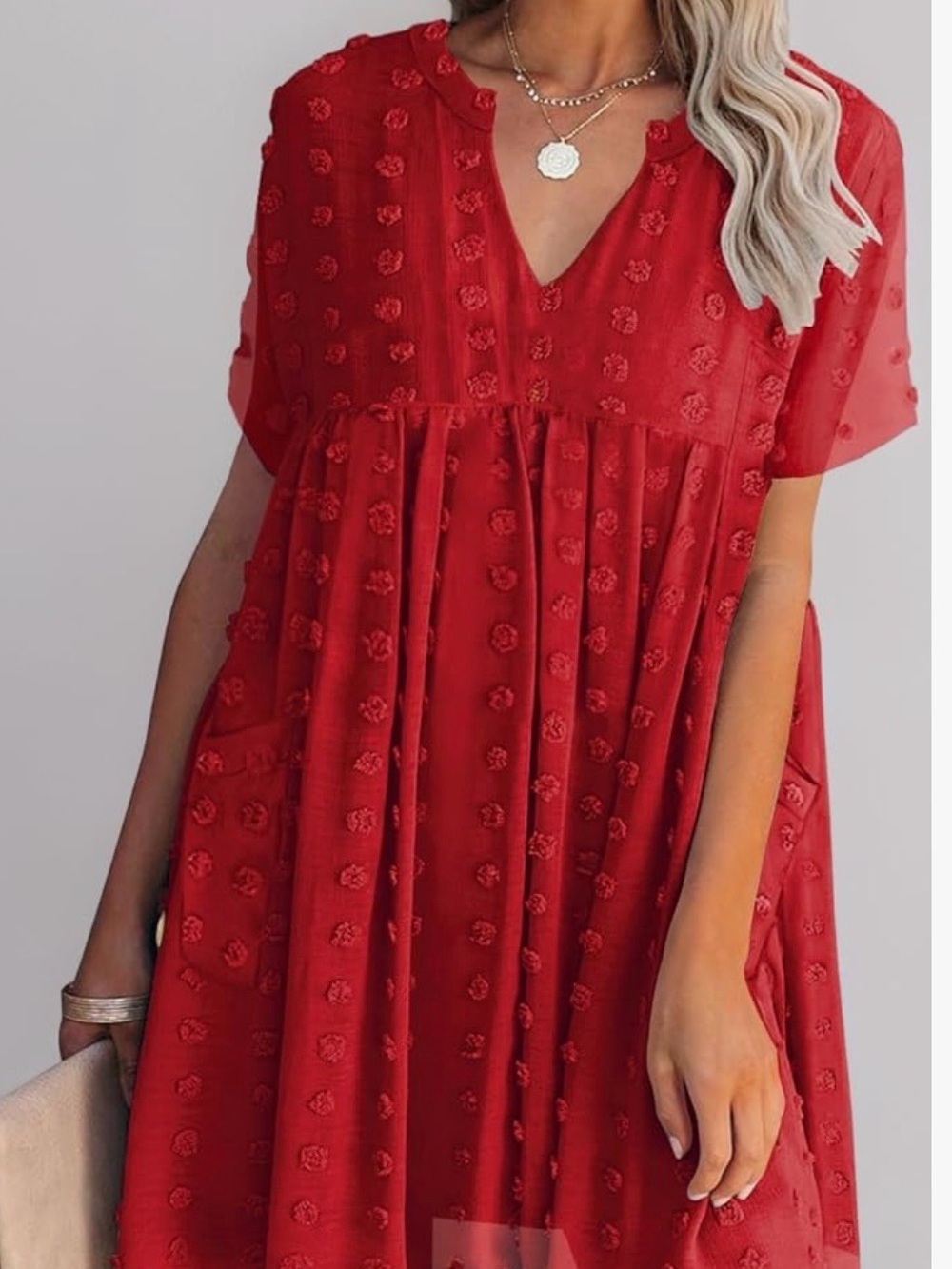 Miholl Women's Red Boho Textured Flowly Polka Dot V-Neck Mini Dress Size XL